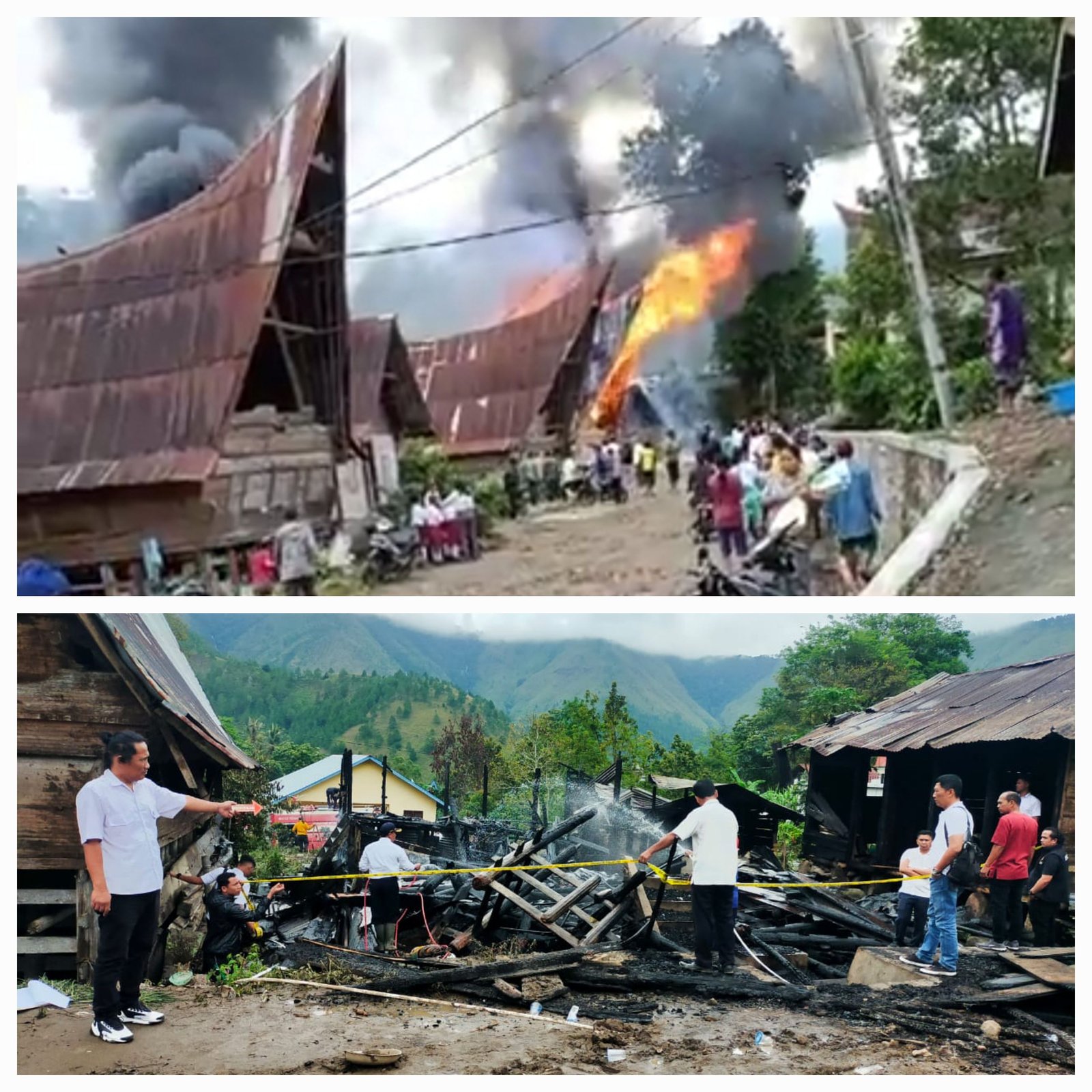 Tim Inafis Polres Samosir Cek TKP Kebakaran Rumah Tradisional Di Desa Aek Sipitudai Sianjur Mulamul
